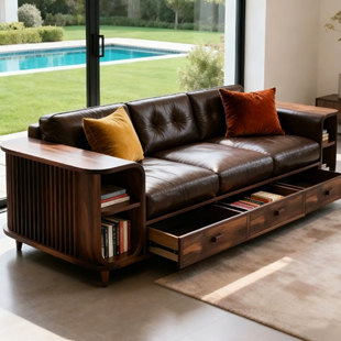 新中式实木储物沙发客厅家用直排皮艺轻奢高级黑胡桃木白蜡木定制