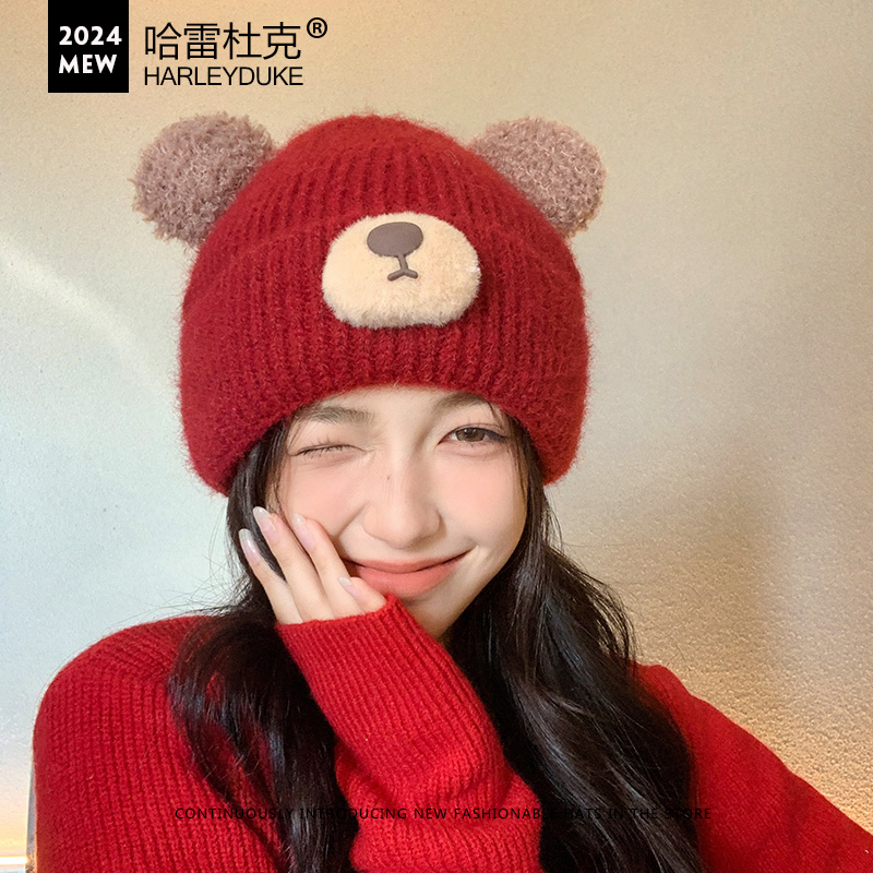 可爱小熊毛线帽子女生秋冬季护耳加绒保暖帽弹力套头包头帽显脸小