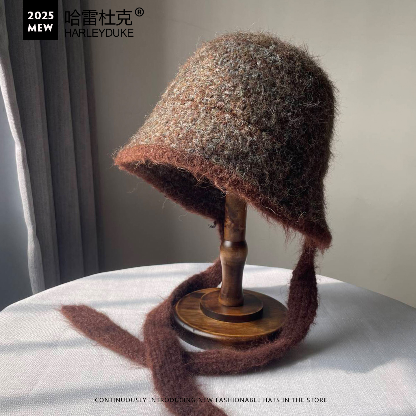 绑带厚针织毛线盆帽子秋冬保暖女