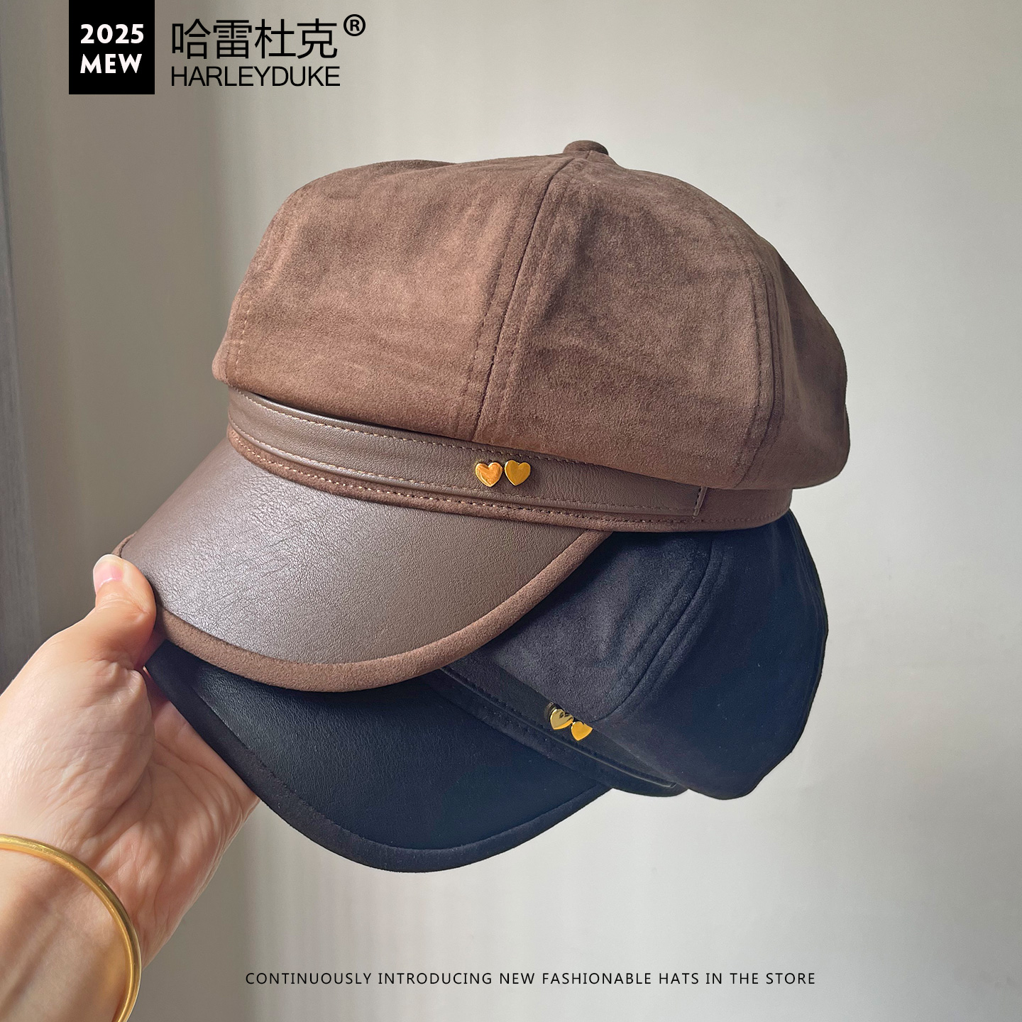 秋冬季仿麂皮绒八角帽子女贝雷帽