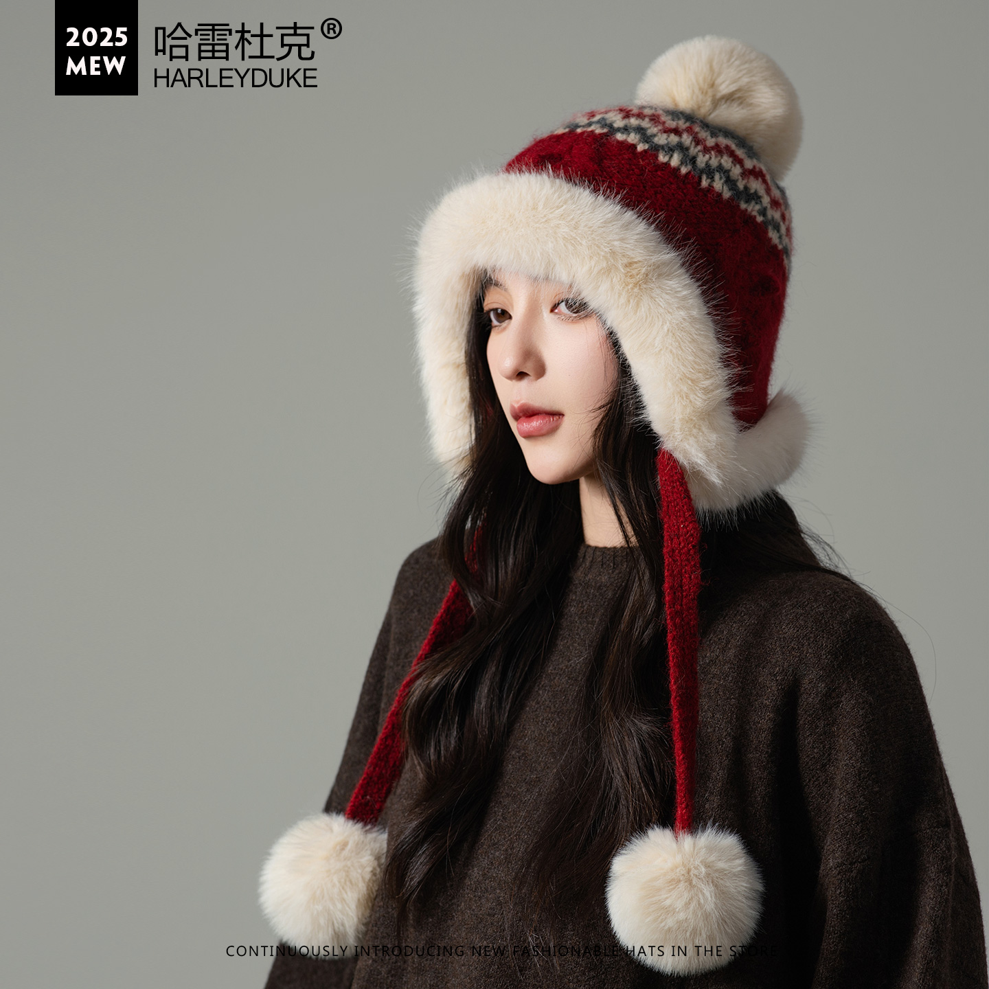 提花加绒绑带护耳毛线雷锋帽子女