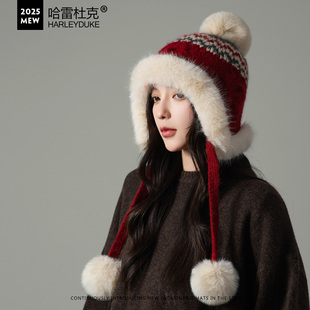 复古彩色提花加厚加绒保暖绑带雷锋帽子女秋冬季出游防寒帽毛线帽