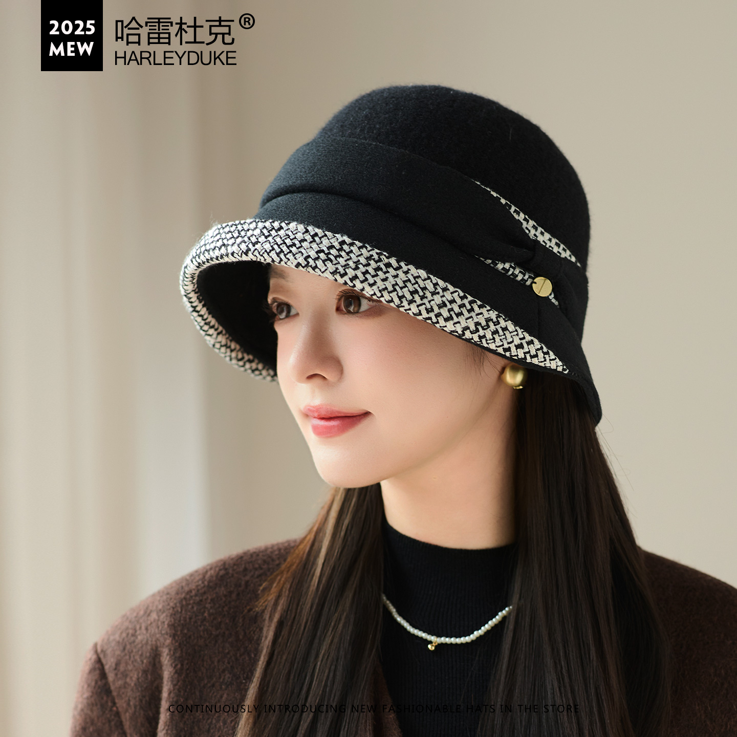 复古格子拼接针织盆帽子女士秋冬天保暖防寒渔夫帽优雅时尚妈妈帽