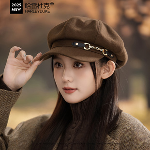简约皮带扣八角帽子女秋冬季 宽檐大头围复古英伦报童帽显脸小 新款