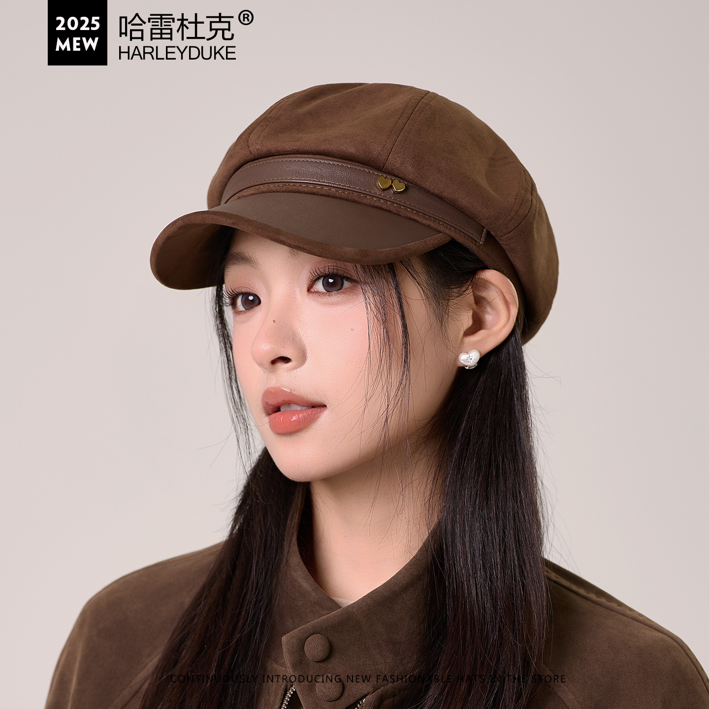 英伦复古麂皮绒八角帽子女秋冬款