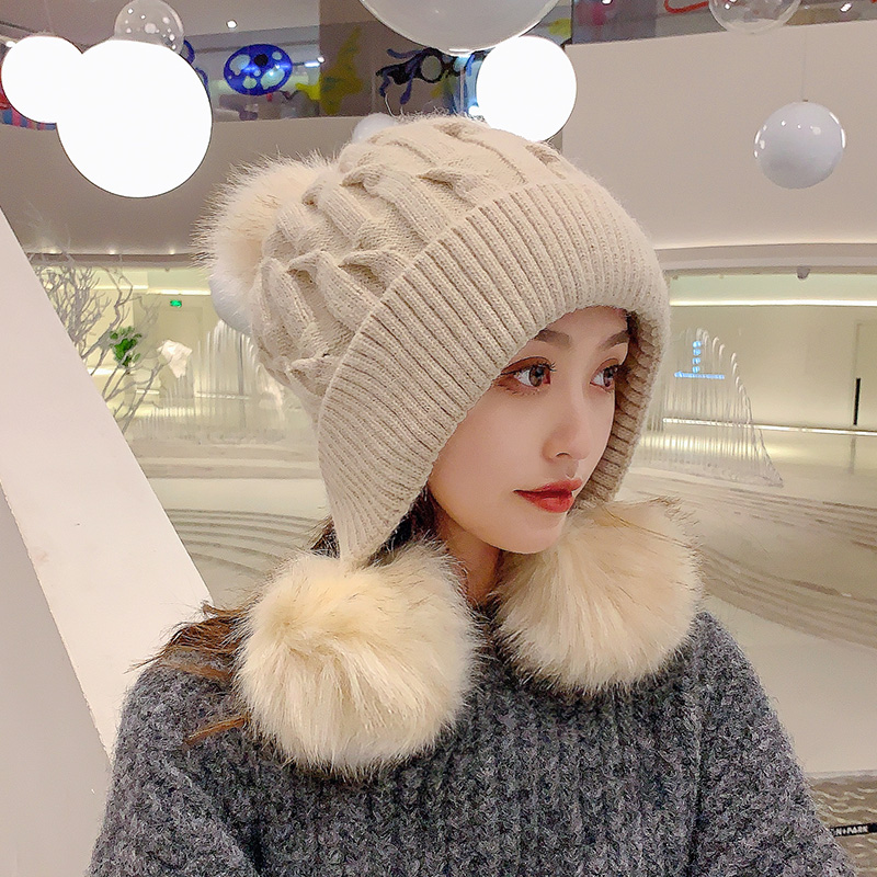 时尚百搭甜美可爱三球加绒毛线帽纯色显脸小青年女帽子冬季保暖潮