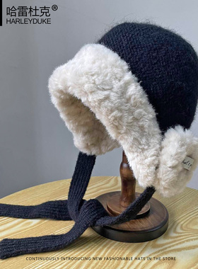 冬季毛绒加厚红色护耳防风毛线帽子女大头围保暖针织帽系带雷锋帽