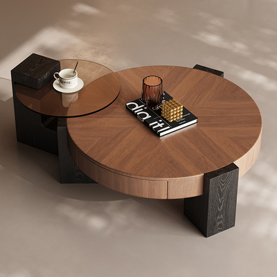 意式极简中古风胡桃木茶几组合圆形茶几客厅家用轻奢高级感设计师