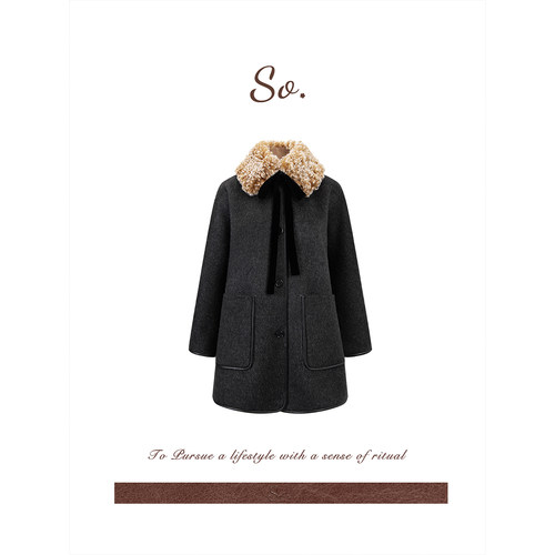 SO 【绵羊毛+桑蚕丝】法式秋冬羊毛呢外套加厚保暖黑灰色大衣外套