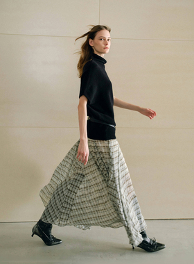 SO 原创设计休闲时尚百搭不规则长短款格子半裙A字高腰带内衬裙子