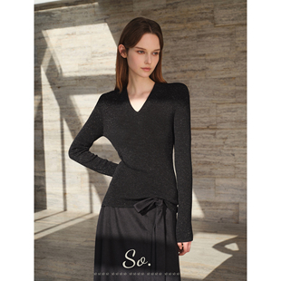 SO 意大利进口金银丝100支超细羊毛黑色V领修身金银丝显瘦针织衫