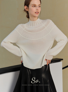 SO 【31羊绒+69羊毛】加厚手工钩花半高领宽松针织衫内搭毛衣