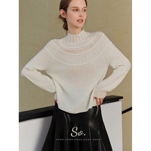 SO 【31羊绒+69羊毛】加厚手工钩花半高领宽松针织衫内搭毛衣