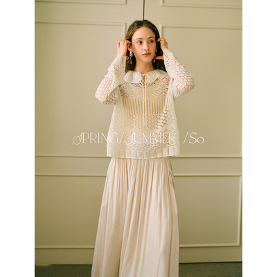 SO 26ss法式春夏精致感亮片针织双层荷叶边微收腰显瘦长袖上衣