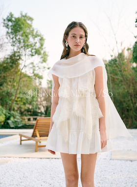 SO 26ss法式春夏精致感珠光感拼接蕾丝气质高级飘带无袖上衣