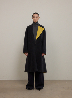 SO 24秋冬新款【羊毛+蚕丝】灰黄双色两面穿宽松长款翻领毛呢外套