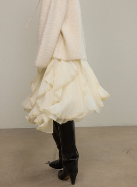 SO 法式不规则半身裙女2024秋冬新款小众荷叶边蕾丝加绒裙子