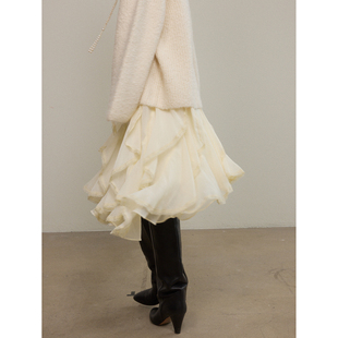 SO 法式不规则半身裙女2024秋冬新款小众荷叶边蕾丝加绒裙子