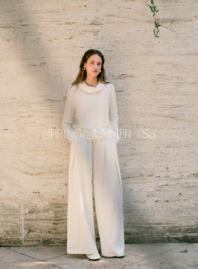 SO 26ss天丝醋酸羊毛老钱舒适高腰垂坠感显瘦阔腿裤白色休闲长裤