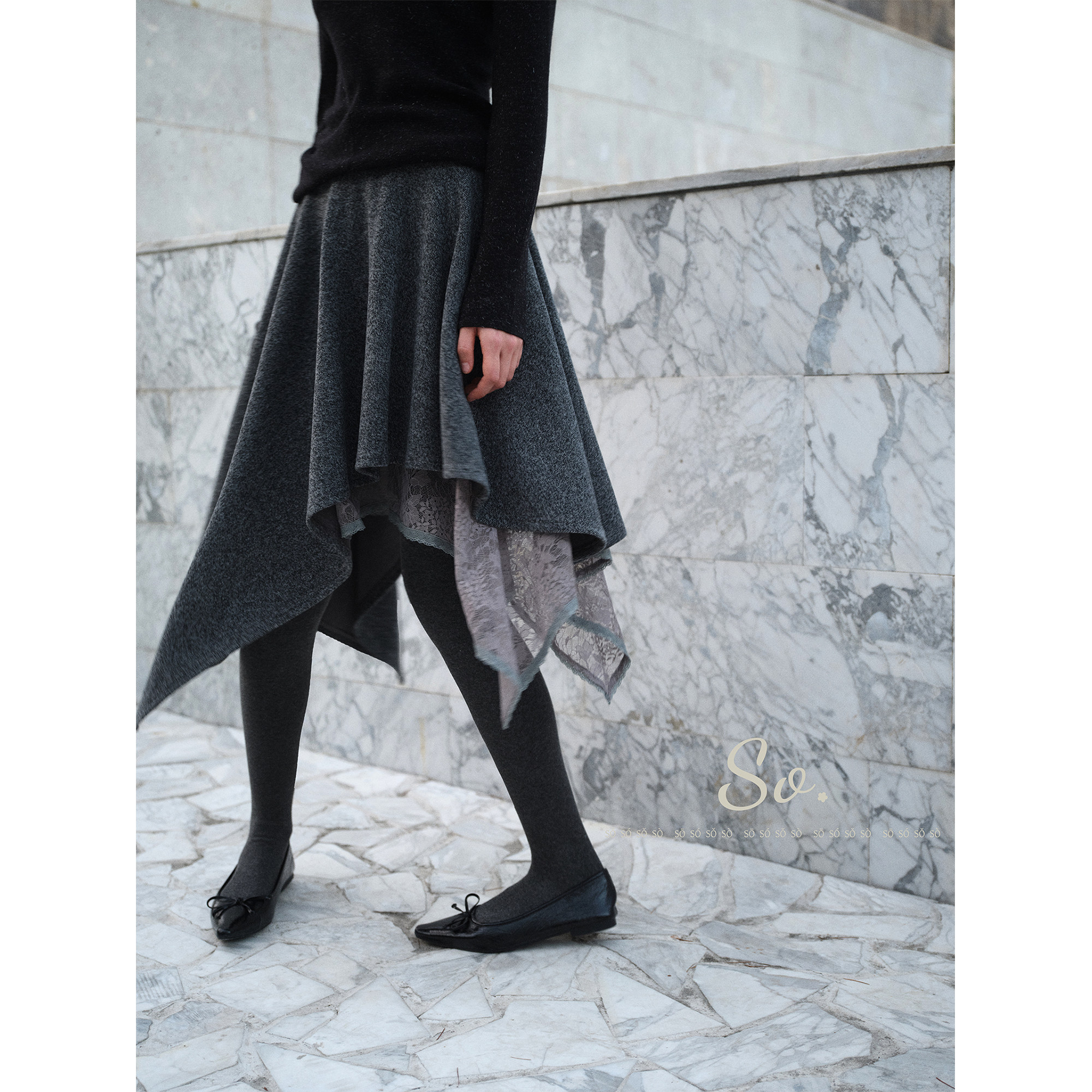 SO 秋冬格雷系高腰裙蕾丝拼接中长款显瘦气质百搭半身裙