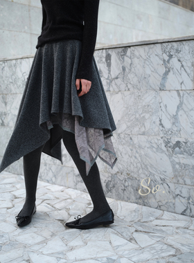 SO 秋冬格雷系高腰裙蕾丝拼接中长款显瘦气质百搭半身裙