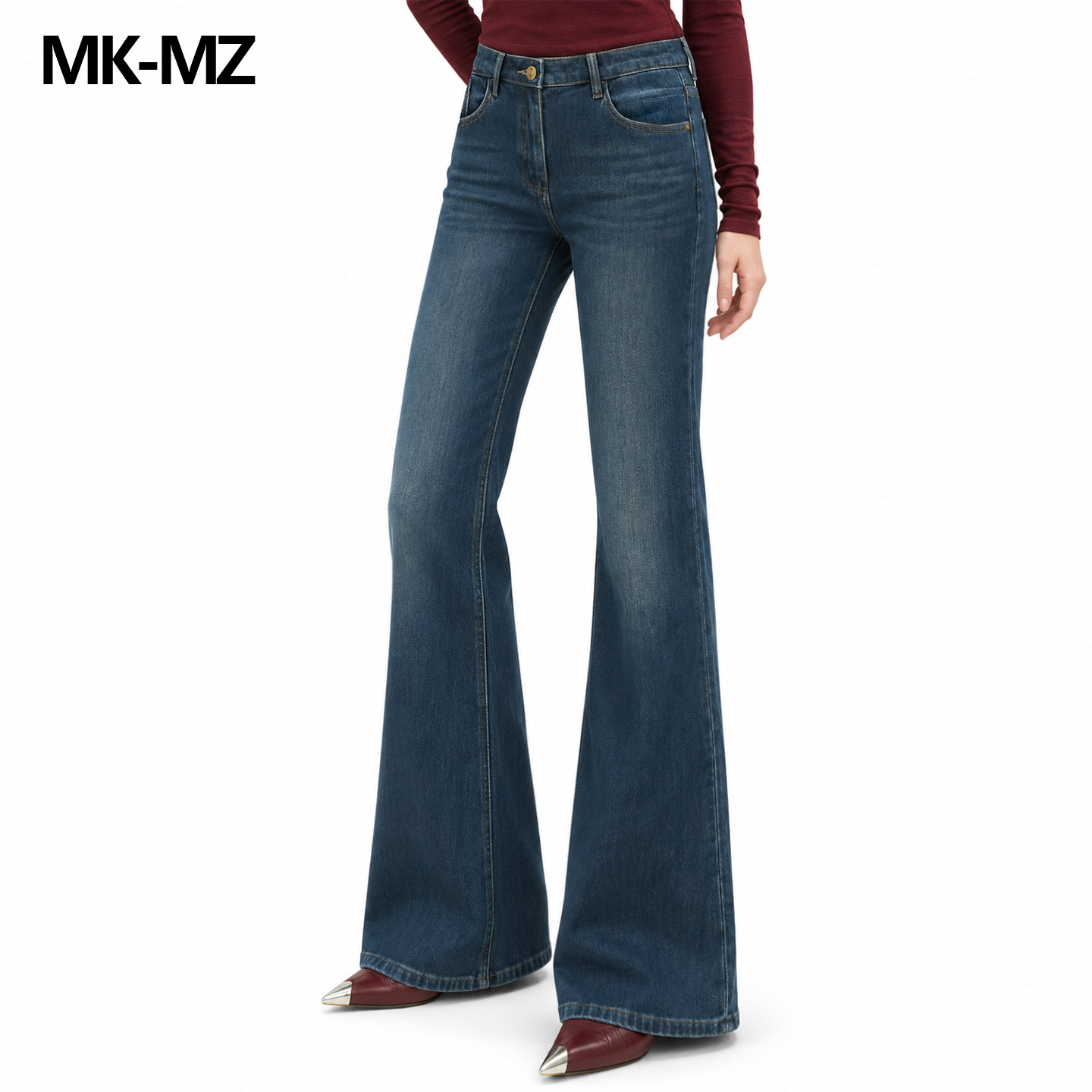 MKMZ「藏蓝卷澜」深蓝大喇叭加绒牛仔裤女高腰显瘦显高复古长裤子