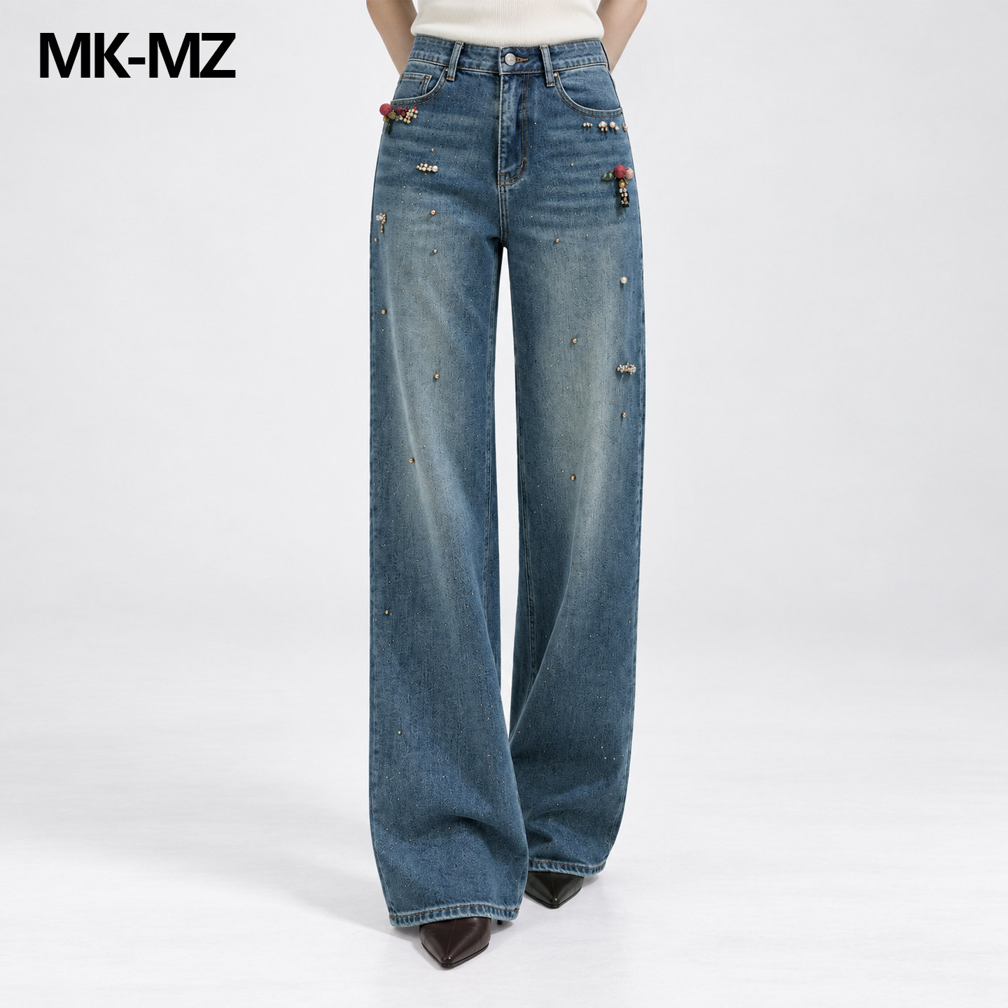 MKMZ「落珠蓝叙」复古蓝珍珠钉珠阔腿牛仔裤女高腰显瘦重工长裤