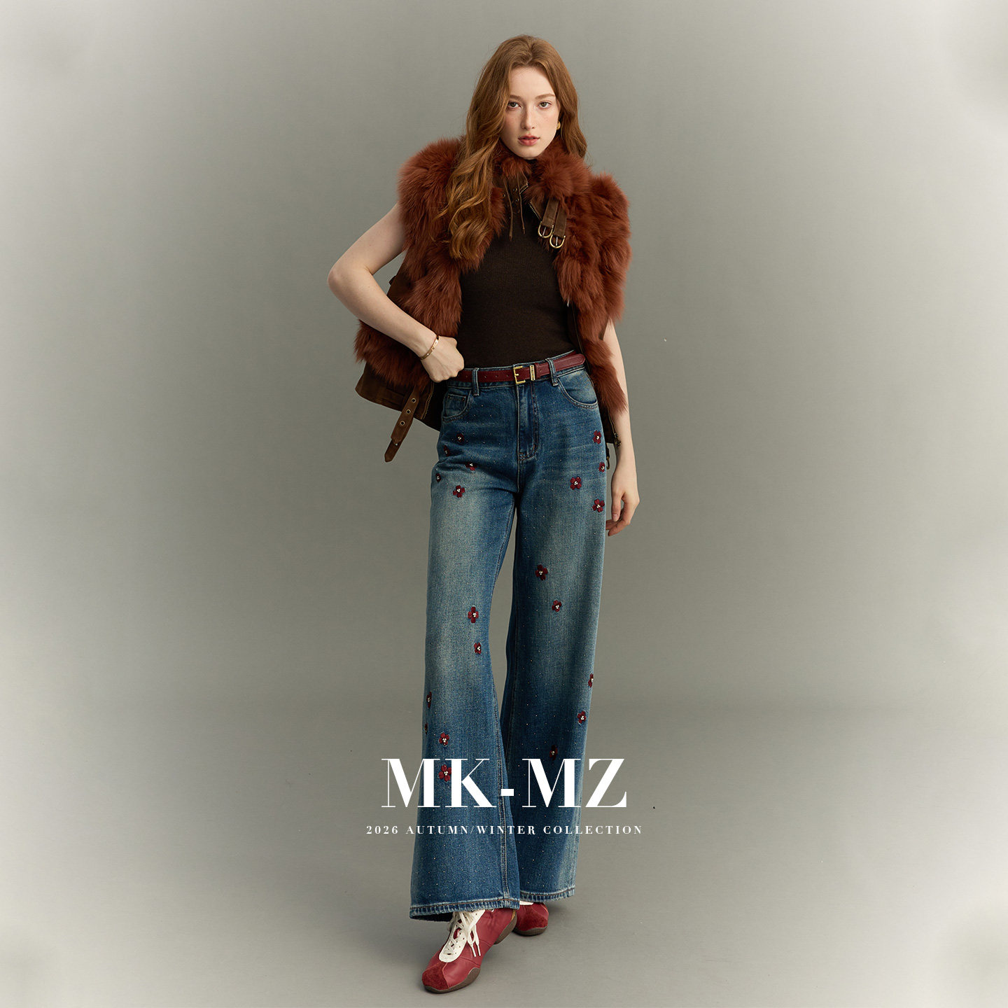 MKMZ秋季酒红色复古阔腿裤女四叶草五金点缀闪钻高腰垂感拖地长裤