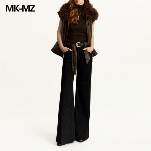MKMZ「沉墨丝语」腰果花丝巾微喇牛仔裤女高腰通勤复古显瘦长裤子