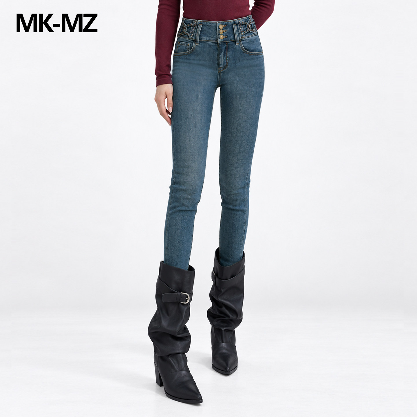 MKMZ「青澜束腰」蓝色高腰紧身牛仔裤女显瘦显高束腰三扣长裤