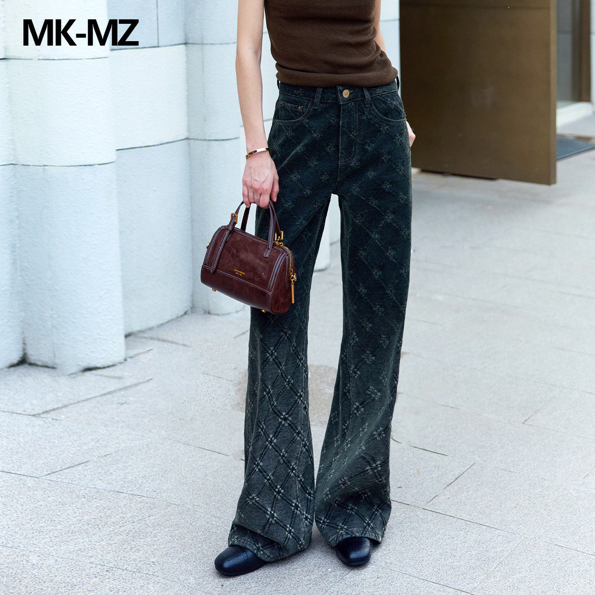 MKMZ「苔菱花谣」菱格提花微喇加绒牛仔裤女高腰老钱风喇叭长裤子