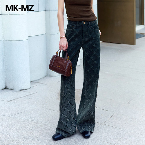 MKMZ重工墨绿色菱格阔腿牛仔裤女春秋高腰垂感显瘦宽松长裤