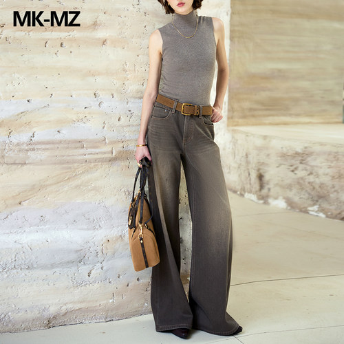 MKMZ重工烟灰色阔腿牛仔裤女春秋高腰垂感显瘦宽松渐变长裤