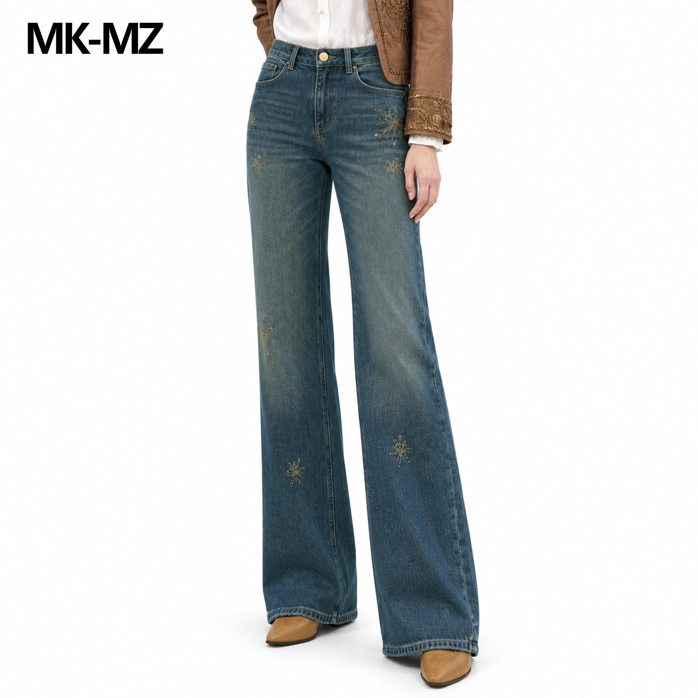 MKMZ「金雪落澜」深蓝大阔腿加绒牛仔裤女高腰显瘦金色刺绣长裤