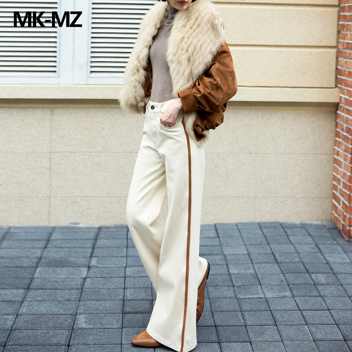 MKMZ重工设计感侧边织带阔腿牛仔裤女高腰垂感显瘦烟管直筒长裤