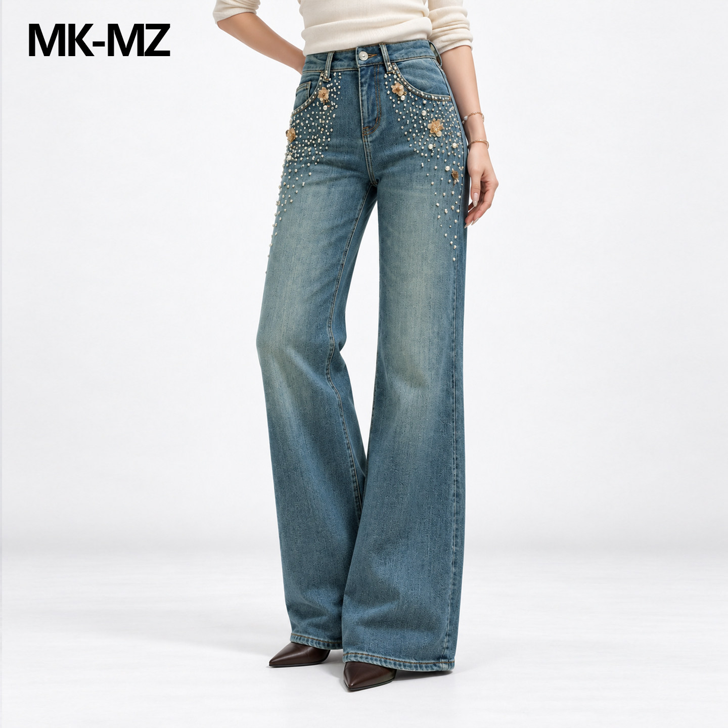 MKMZ「珠雨蓝叙」复古蓝珍珠钉珠微喇牛仔裤女高腰显瘦重工长裤