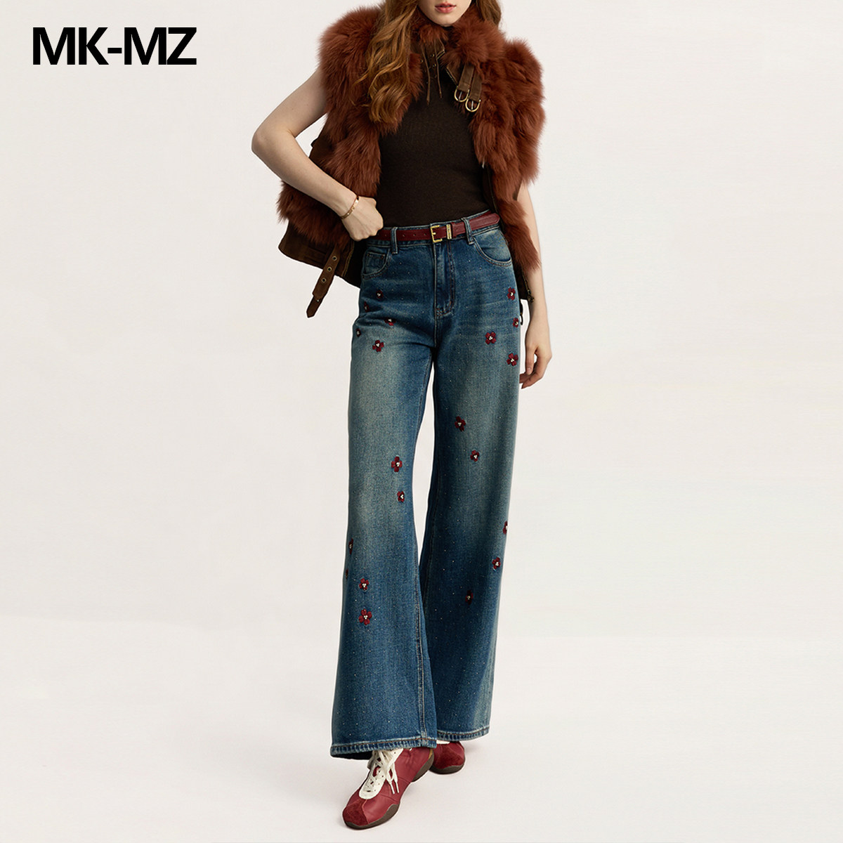 MKMZ「朱砂花迹」重工刺绣闪钻牛仔裤女复古直筒裤女高腰垂感长裤