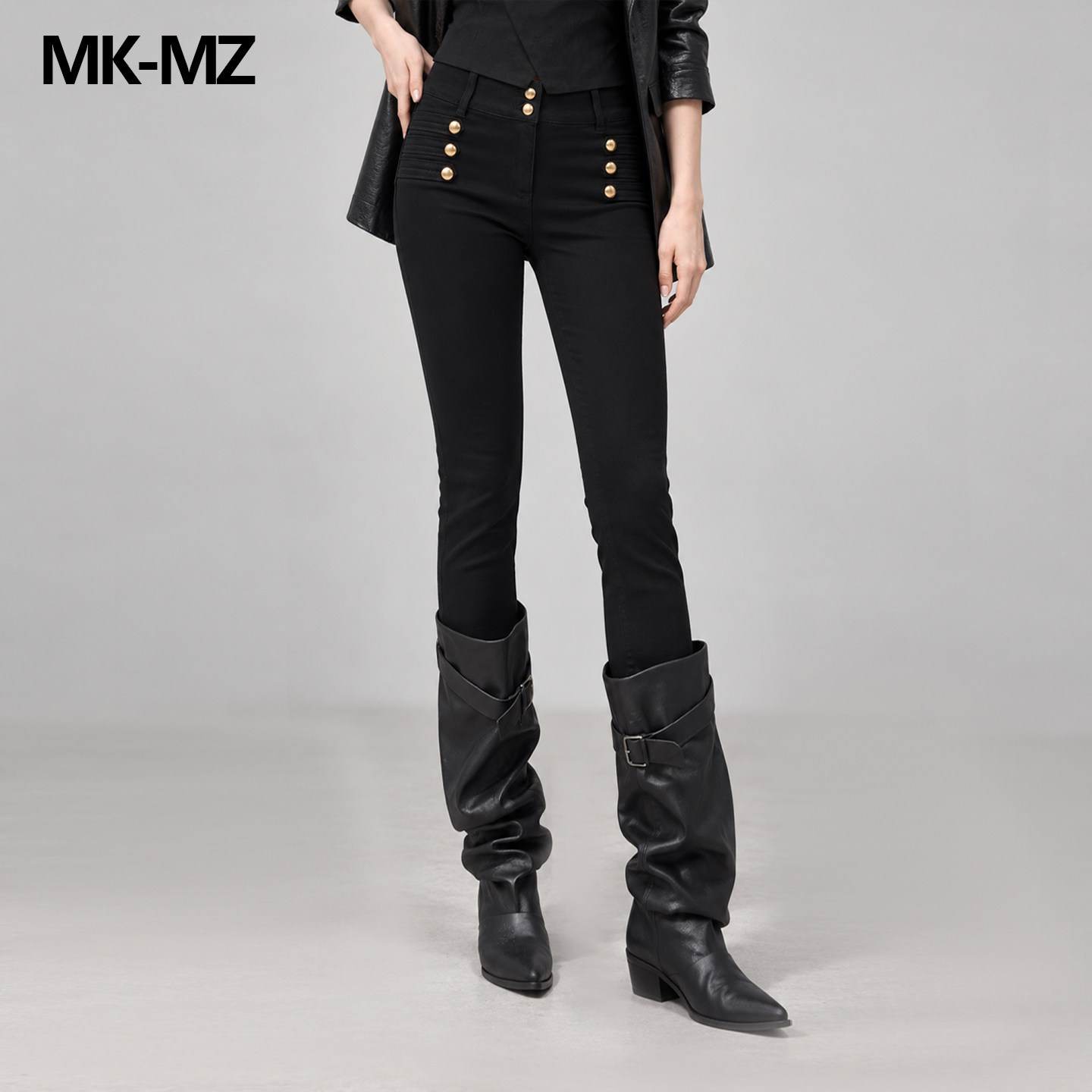 MKMZ「玄夜金徽」黑色小脚牛仔裤女秋冬新款双排金扣修身显腿长