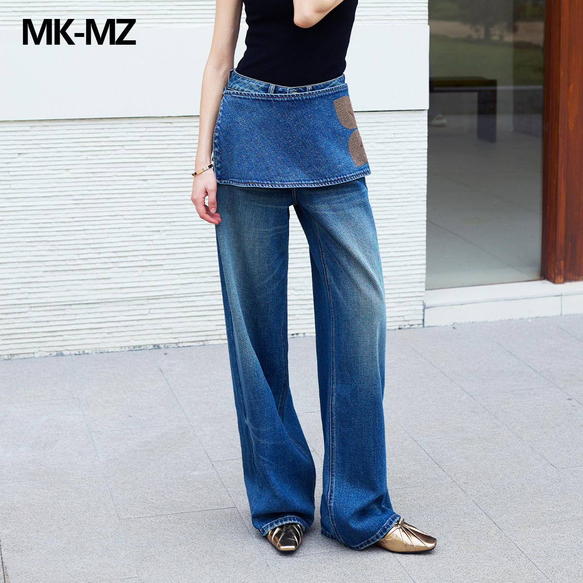 MKMZ「叠影蓝叙」设计感假两件牛仔裙裤女高腰阔腿显瘦复古蓝长裤