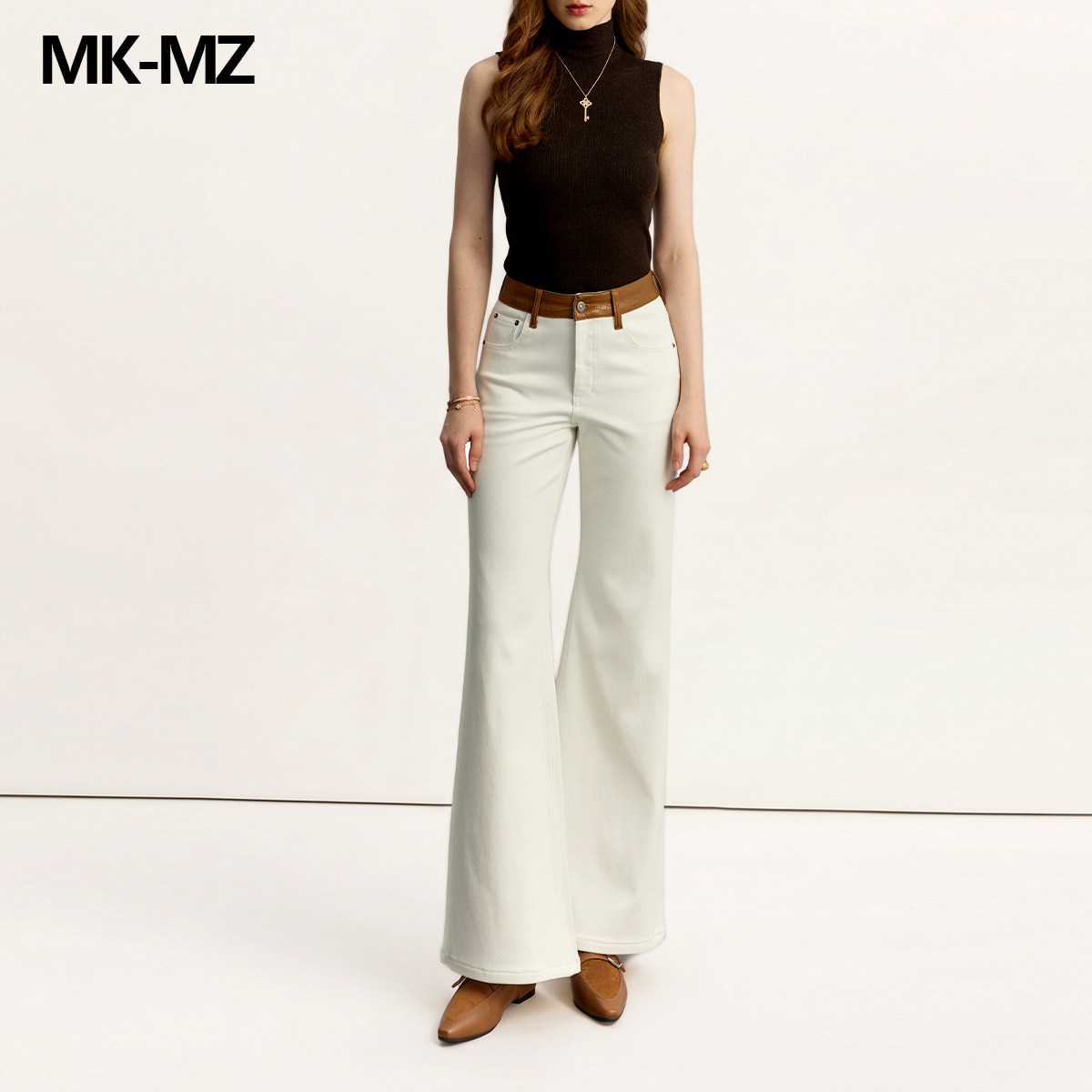 MKMZ「白川简叙」老钱风菱格皮腰头加绒牛仔裤女松弛感长裤子