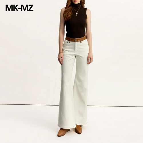 MKMZ重工白色微喇牛仔裤女春秋高腰显瘦显高修身长裤