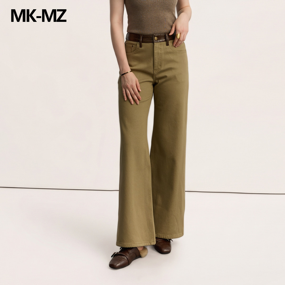 MKMZ「暮山归叙」老钱风菱格皮腰头加绒牛仔裤高腰阔腿松弛感长裤