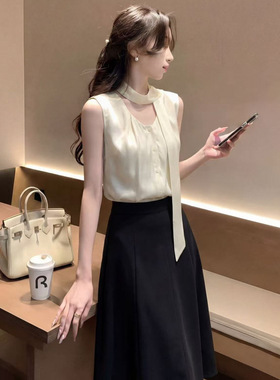 bsfs2002法式优雅风百搭款无袖飘带衬衫女2026夏款通勤风气质上衣