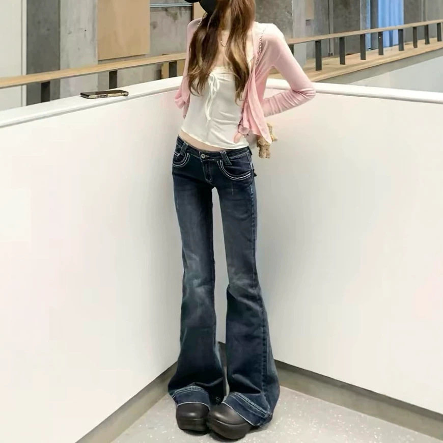 易梦玲同款美式复古中低腰微喇牛仔裤女夏季薄款修身显瘦拖地裤子