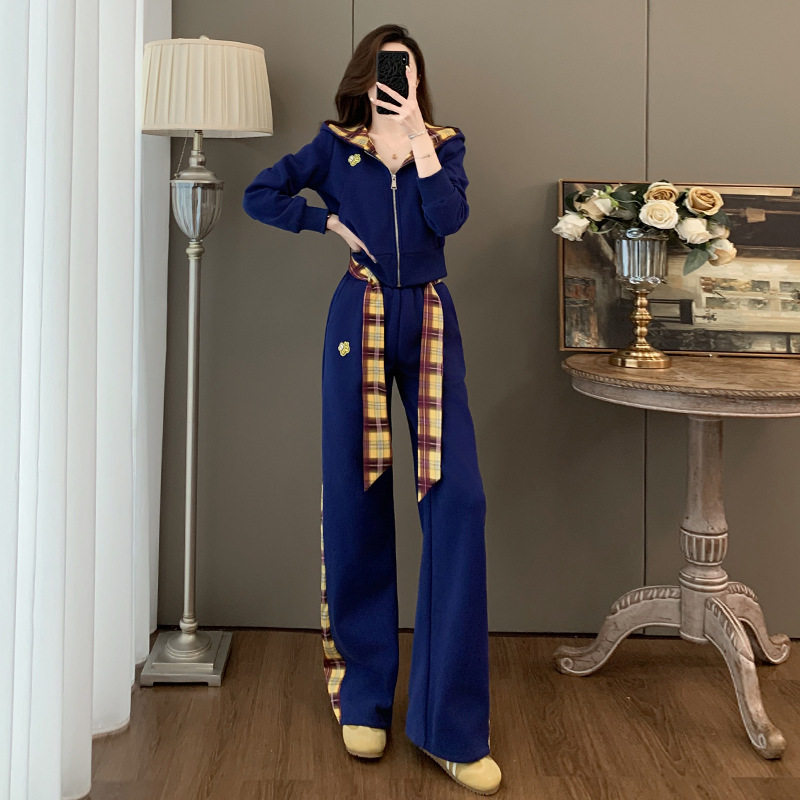 高级感藏青色时尚套装裤女2026秋冬季拉链开衫阔腿裤休闲两件套