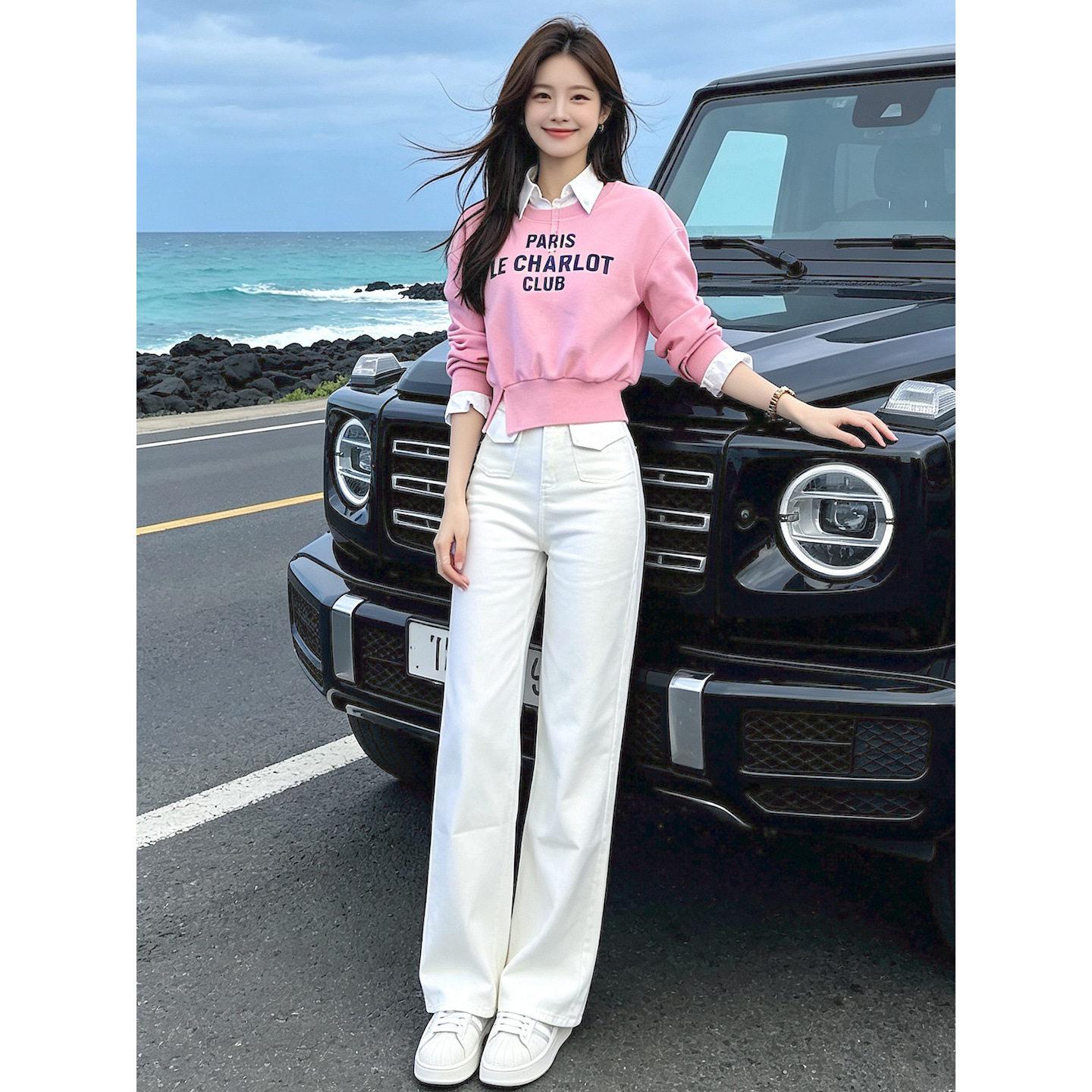 夏季粉色短袖白色阔腿裤两件套女装时尚显瘦休闲运动套装