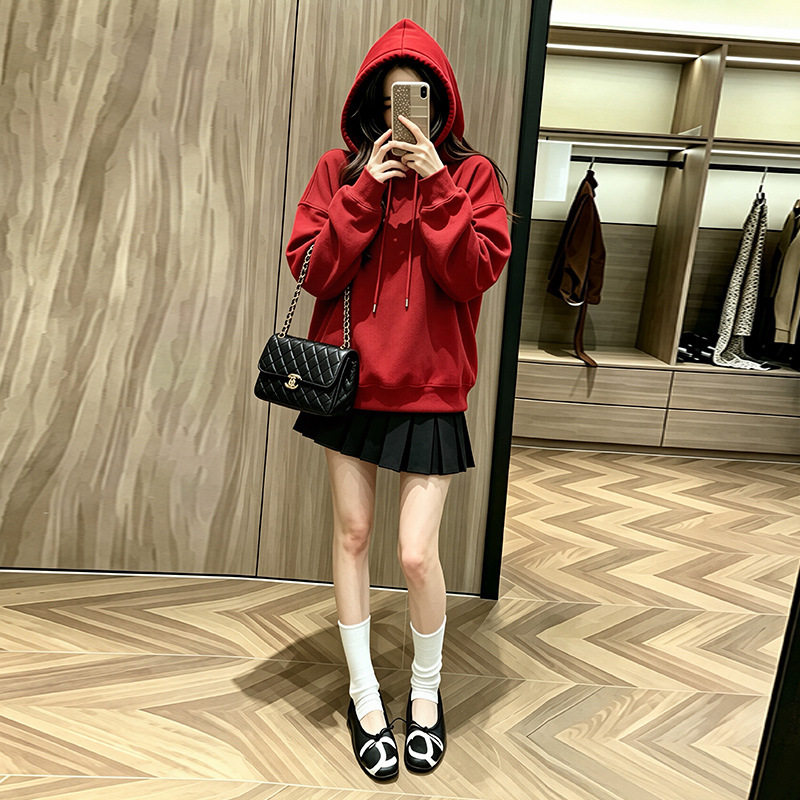 秋冬季黑色极简风连帽卫衣女宽松套头百搭加厚帽衫高级感休闲上衣