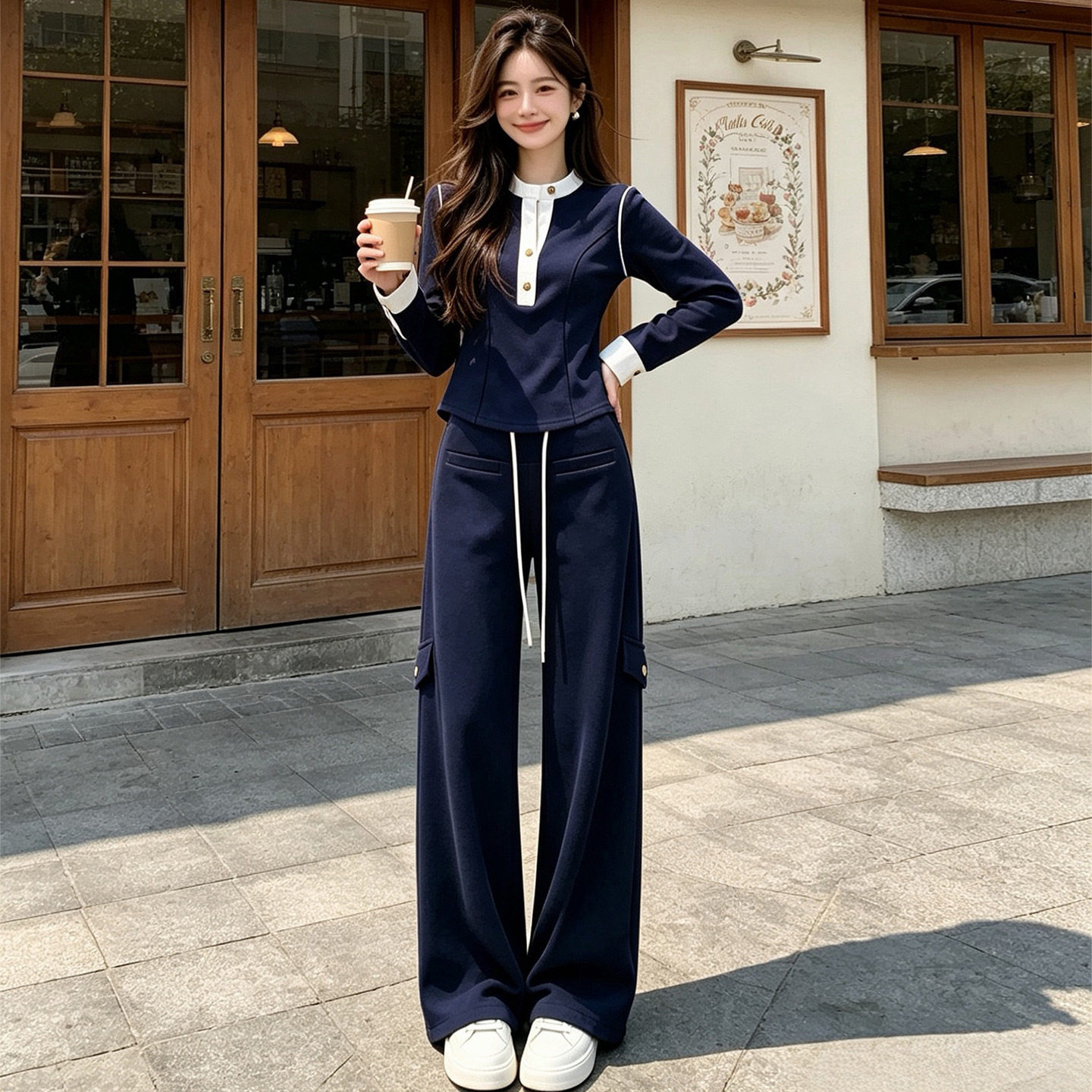 时尚休闲时尚运动套装女秋季韩版高级感短款显瘦上衣阔腿裤两件套