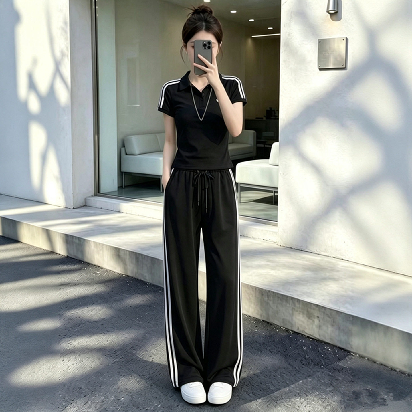 欧洲站休闲运动套装女2026夏季宽松显瘦黑色短袖T恤阔腿裤两件套