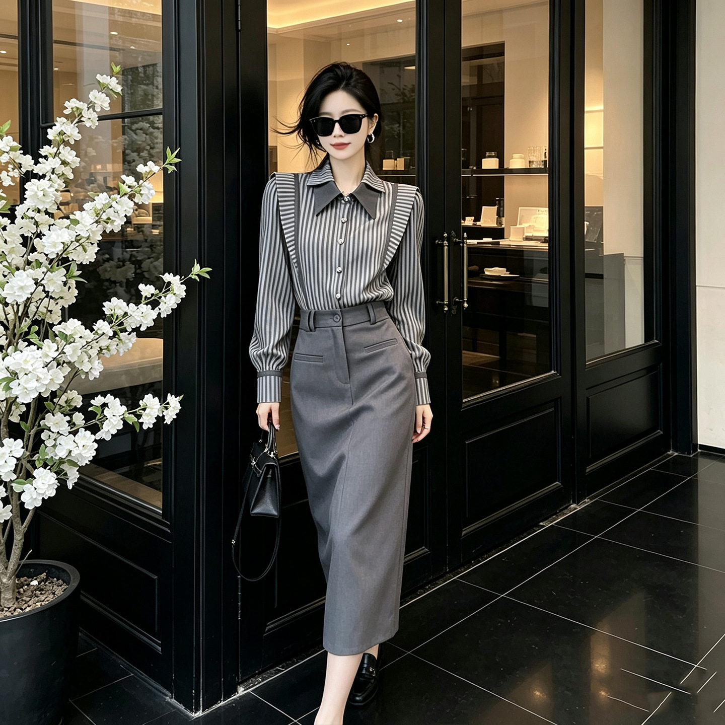 韩系高端爆款时尚两件套裙女2026秋季新款气质条纹显瘦衬衫半身裙